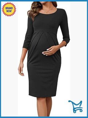 Work Maternity Dress 3/4 Sleeve Front Pleated Semi Formal Office Pregnancy